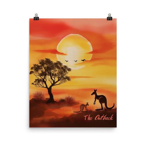 The Outback Watercolor Print Australia Travel Gift Australian Wall Art Red Desert Landscape Decor Kangaroo Wildlife Poster