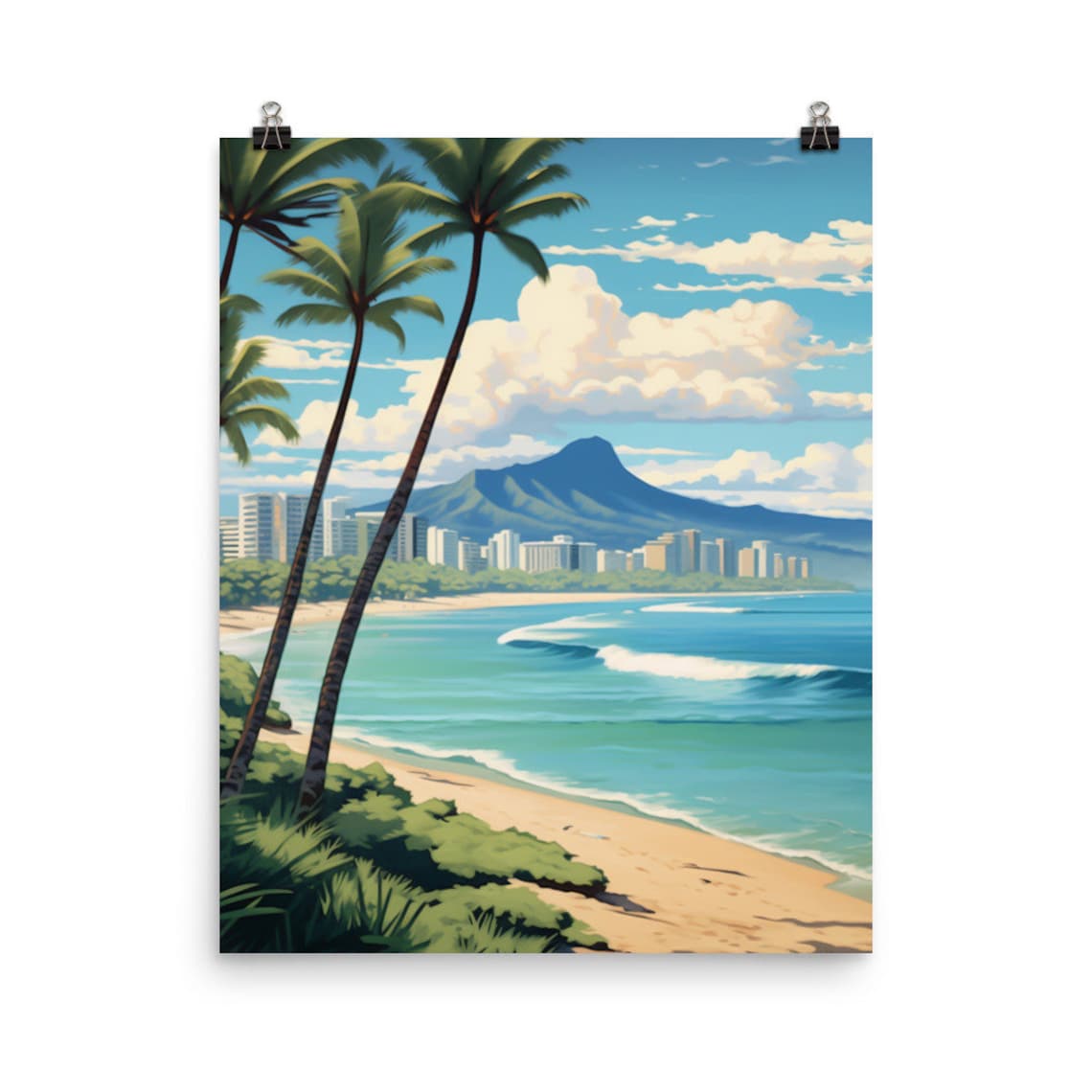 Honolulu Watercolor Travel Poster, Hawaii Beachfront