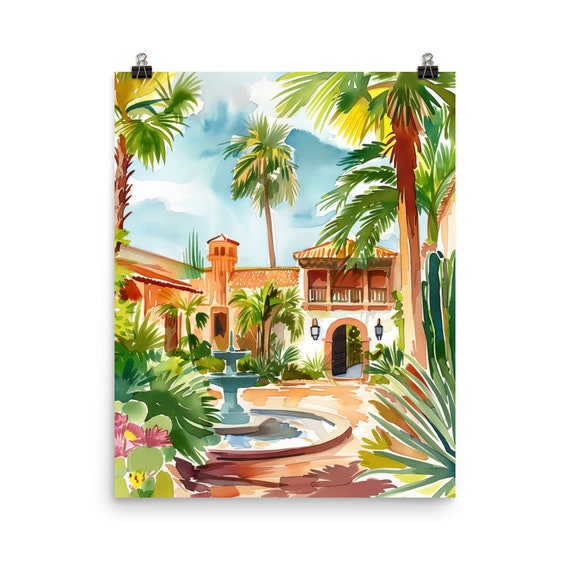 Mexican Hacienda Watercolor Print Mexico Travel Gift Courtyard Yucatan Mesoamerican Wall Art Latin Home Decor
