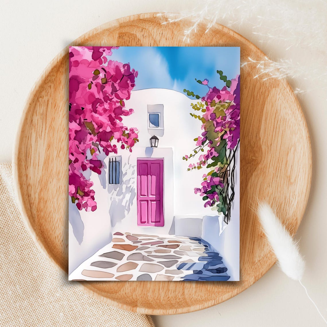 Traditional Greek White House Pink Door Bougainvillea Cycladic Poster - Image 2