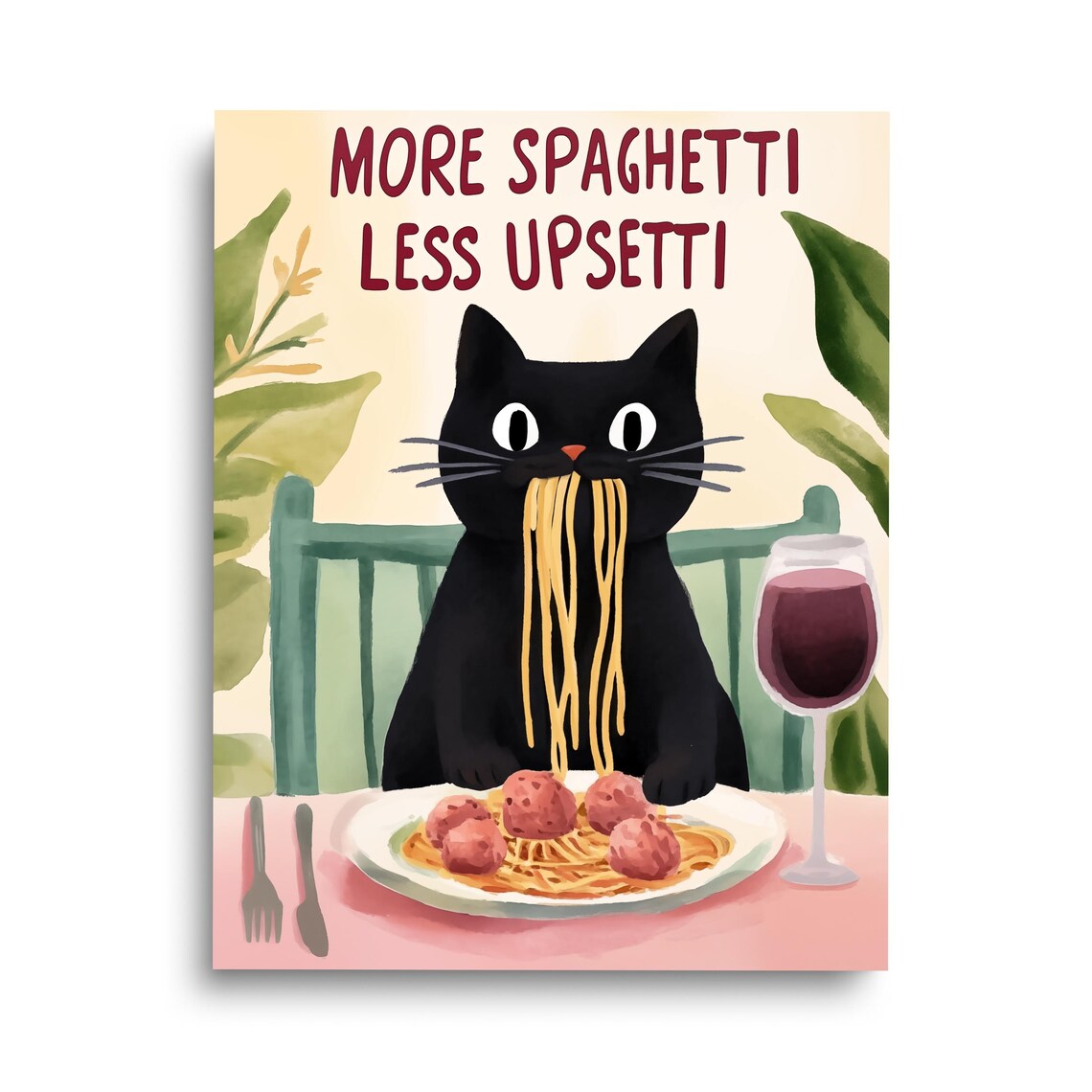 More Spaghetti Less Upsetti Black Cat Art Print