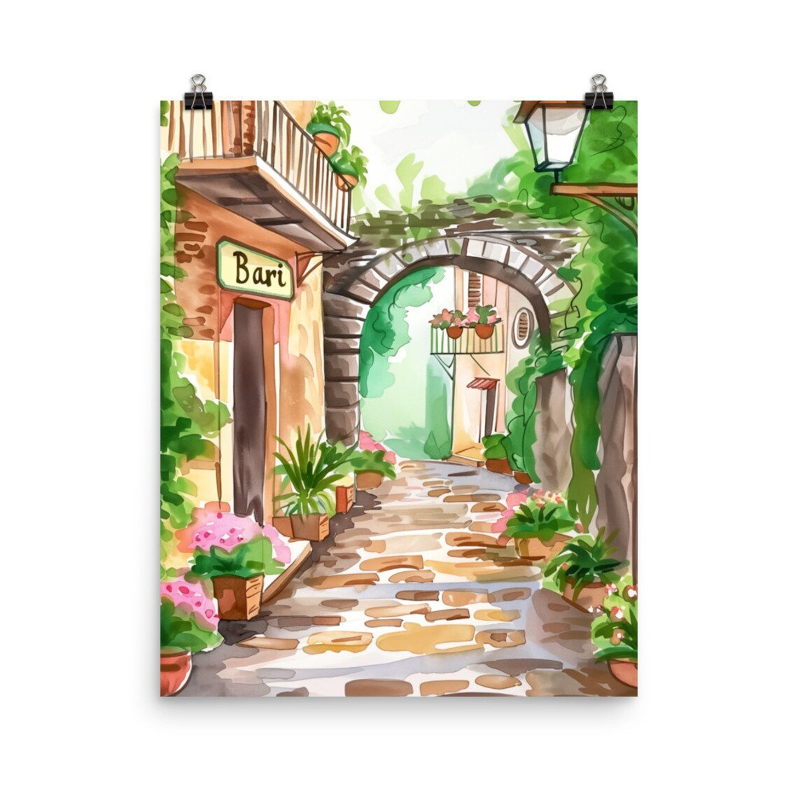 Bari Watercolor Travel Poster, Italy Cityscape