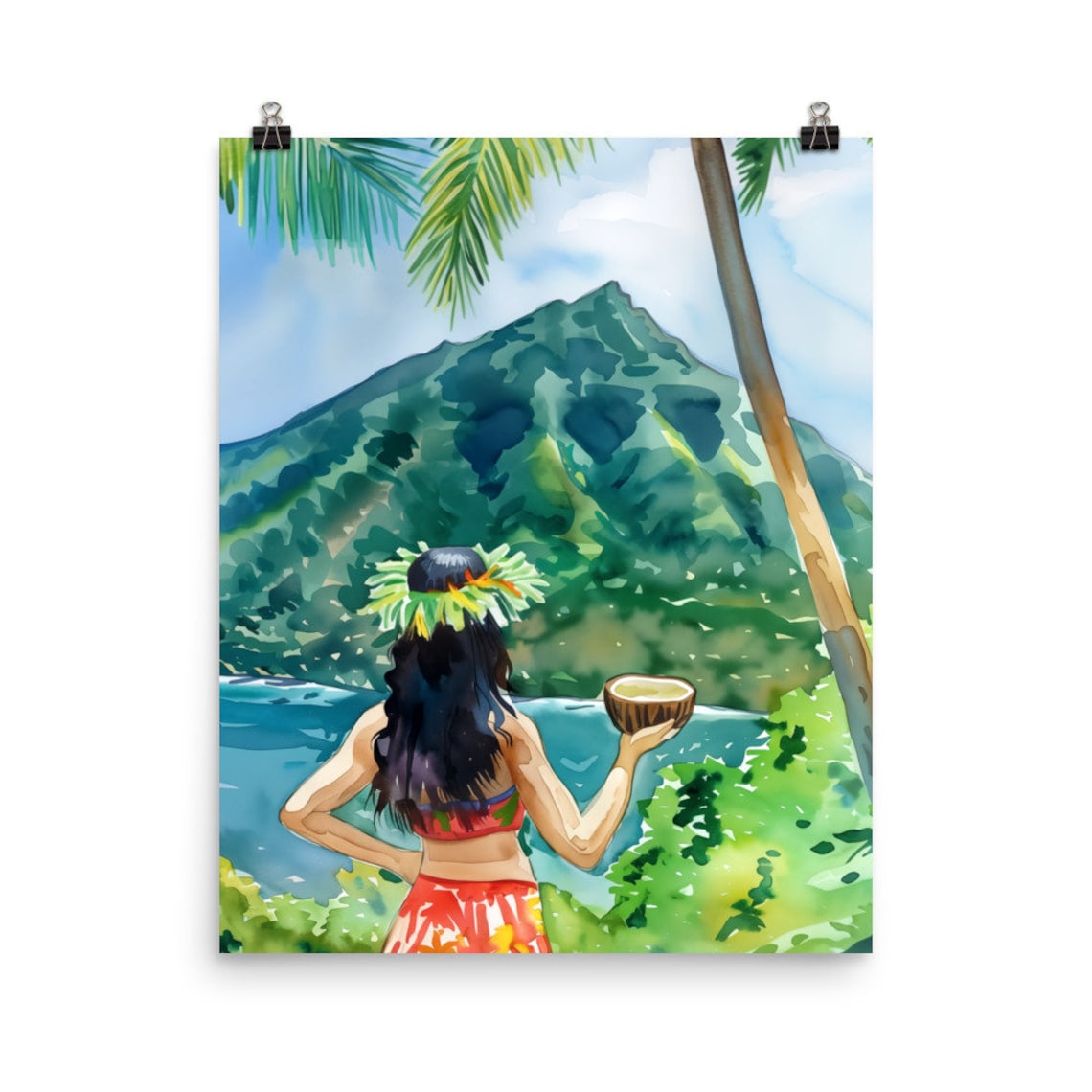 Island of Hawaii Watercolor Print, Tropical Landscape