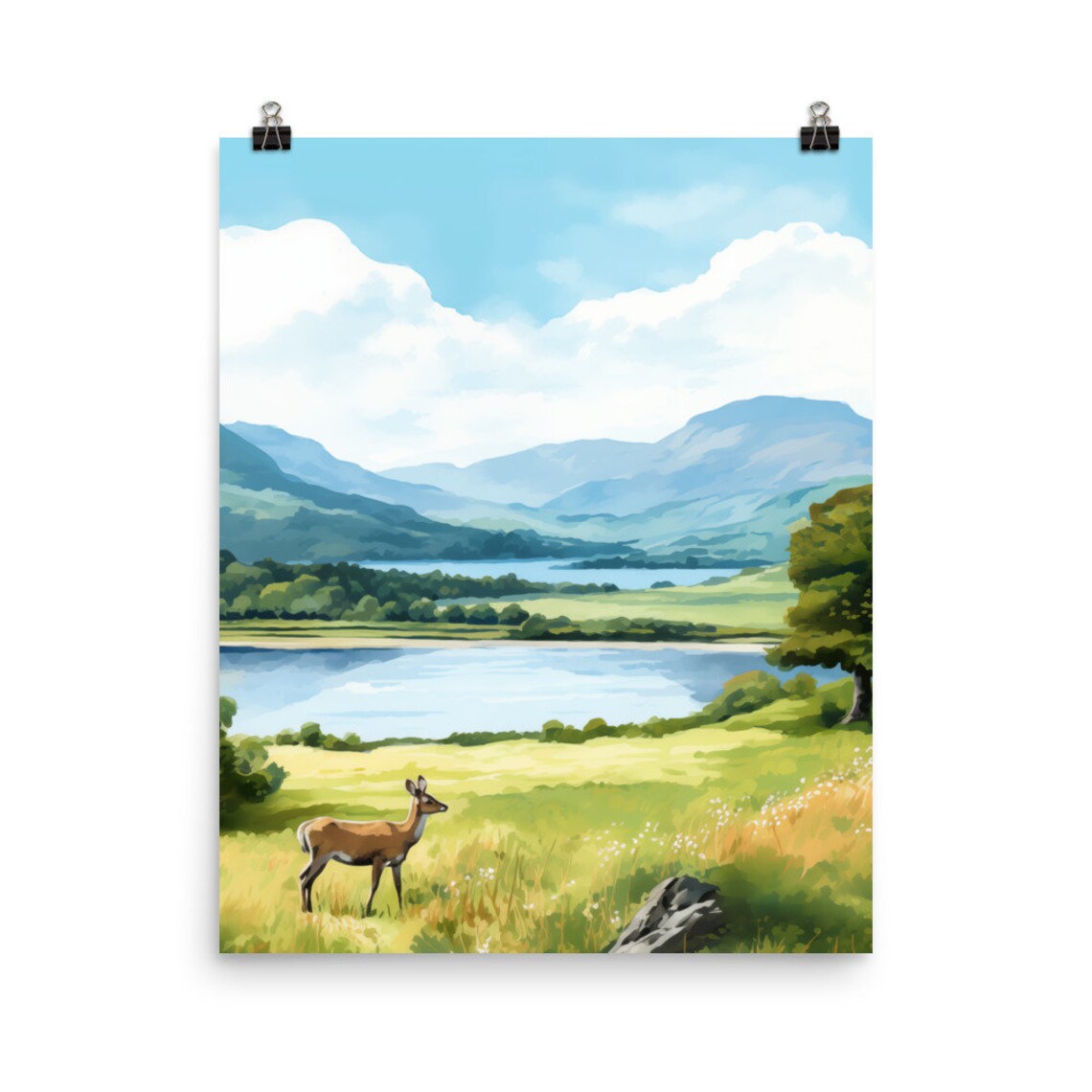 Killarney National Park Deer by the Lakeside Watercolor Poster