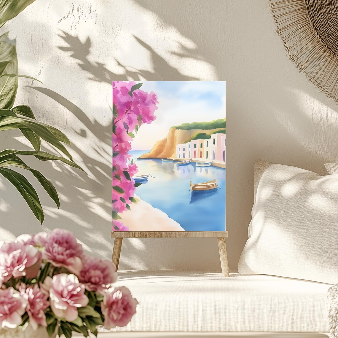 Porto Di Ponza Italy Watercolor Harbor Boats Bougainvillea Poster