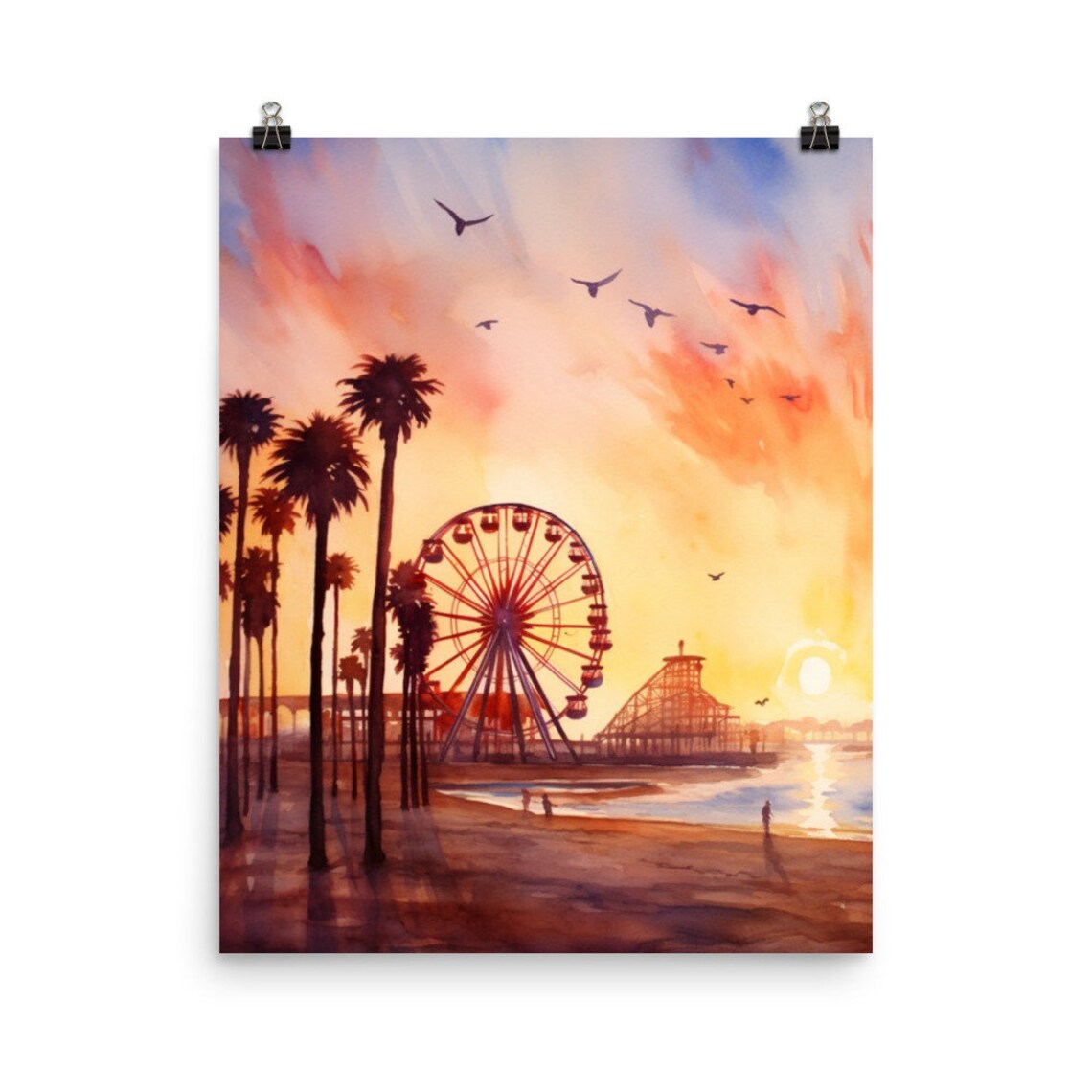 Santa Monica Pier Watercolor Print, Coastal Seascape