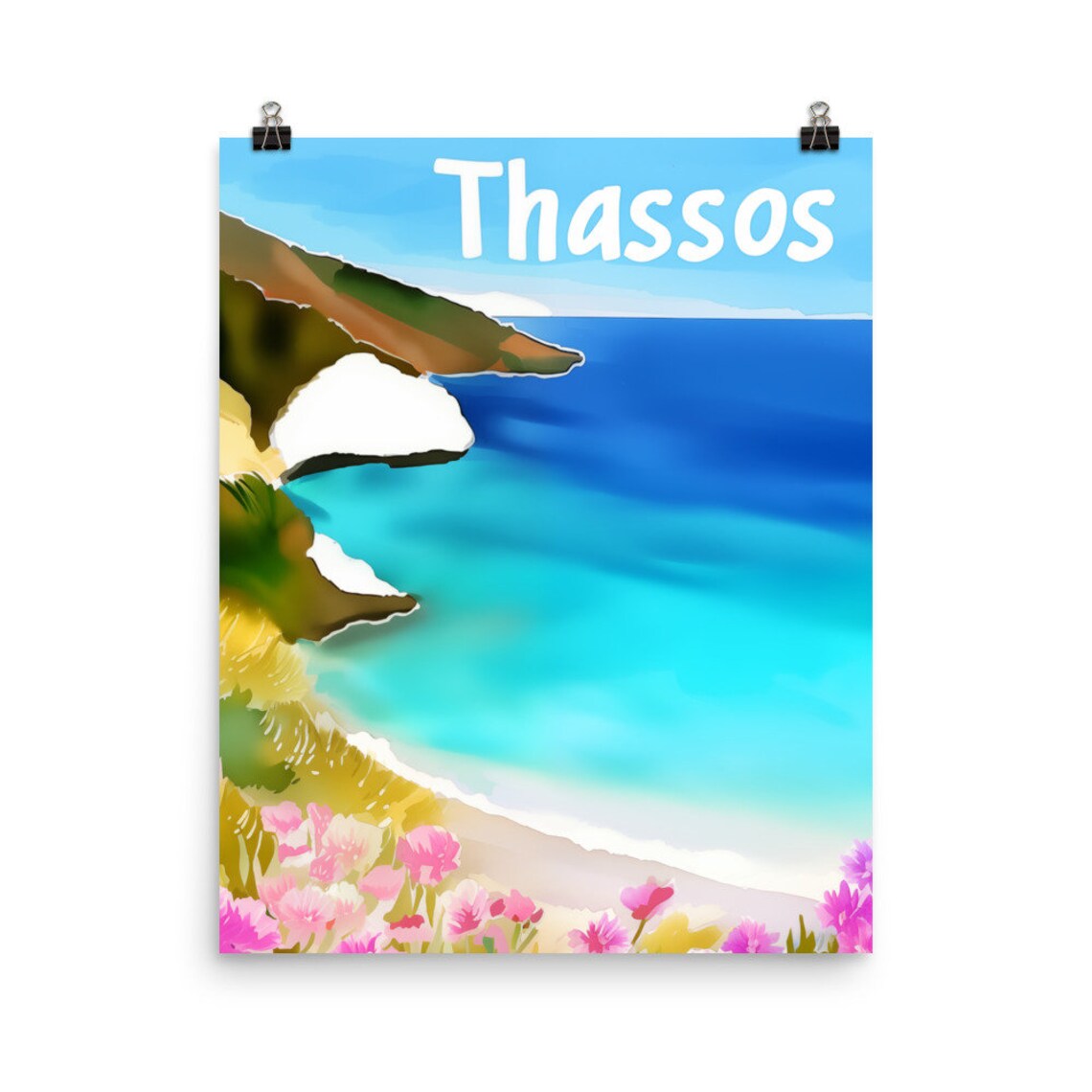 Thassos Turquoise Cove Between Cliffs Watercolor Travel Poster