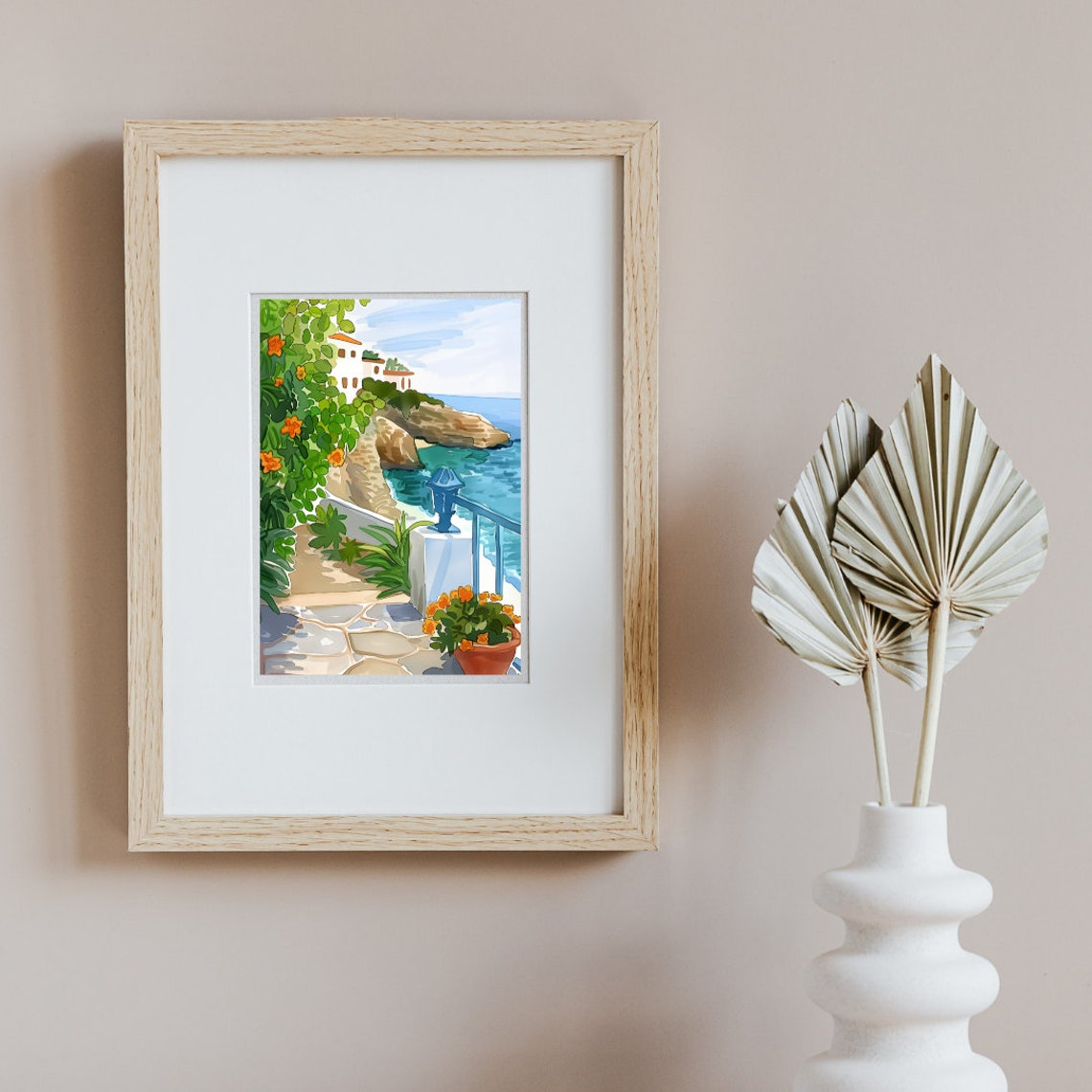Nerja Cliffside Terrace with Orange Blooms Watercolor Poster - Image 2