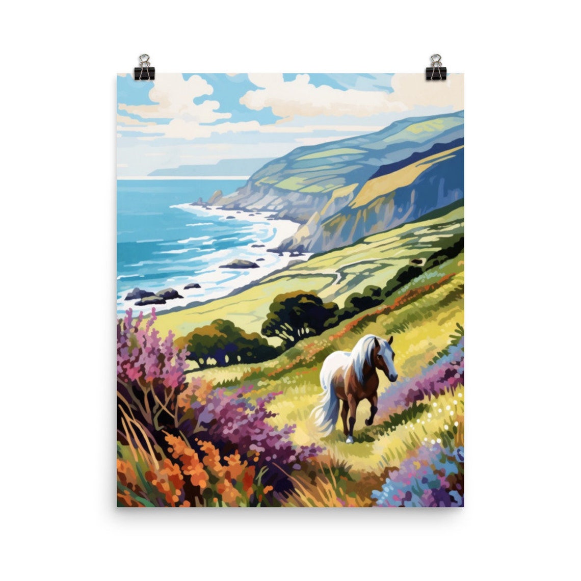 Exmoor Pony on Heather Hills Above the Wild Coastline Art Poster
