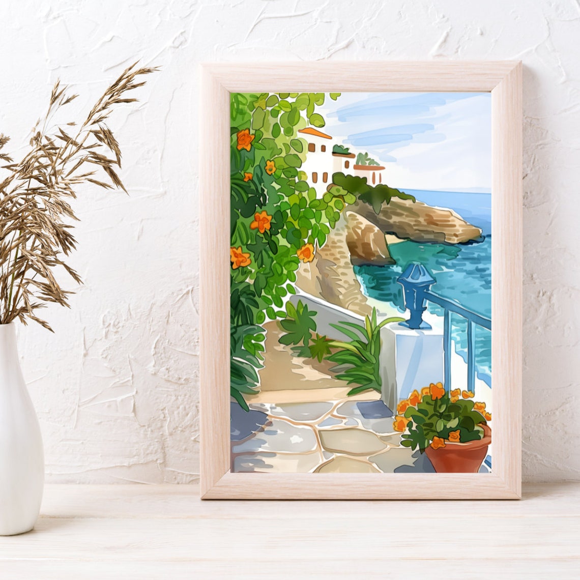 Nerja Cliffside Terrace with Orange Blooms Watercolor Poster - Image 3