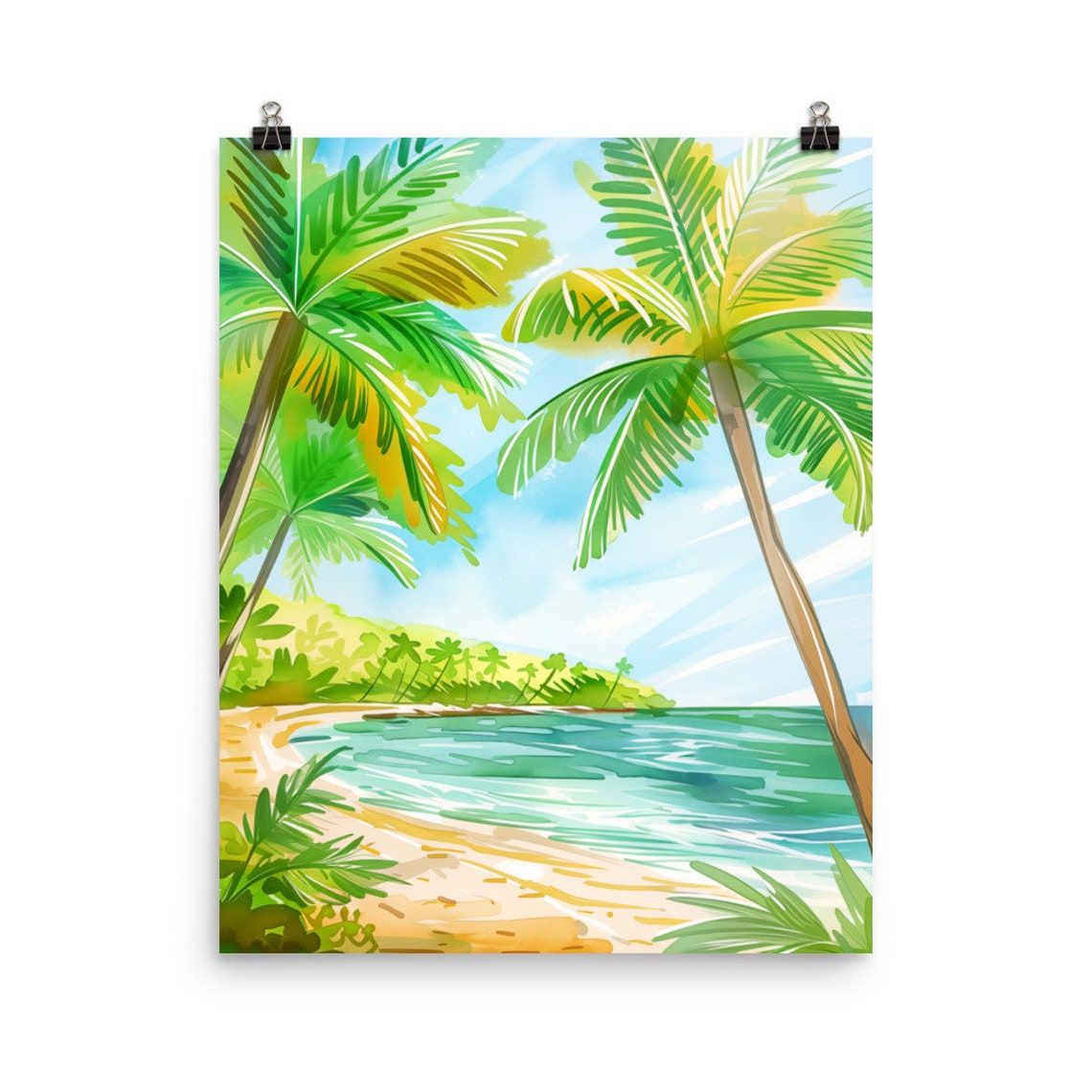 Tropical Florida Keys Beach Framed by Palm Trees Watercolor Poster
