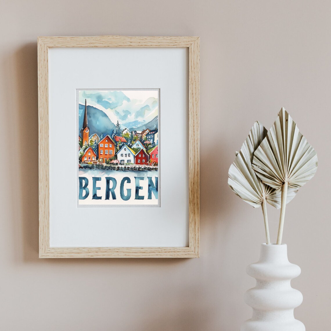 Bergen Norway Waterfront Houses and Church Steeple Watercolor Poster - Image 2