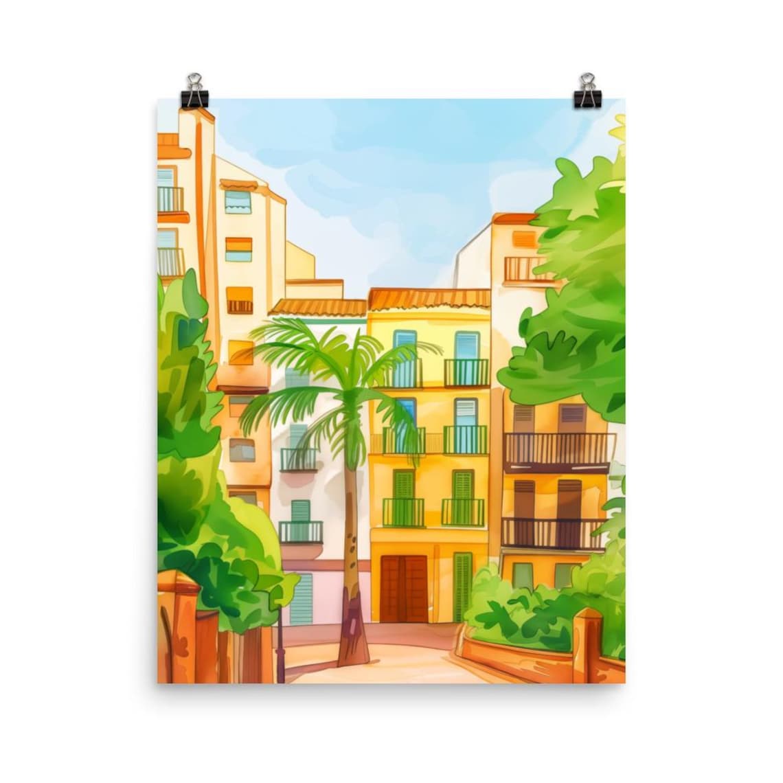 Benidorm Spain Mediterranean Street Watercolor Travel Poster
