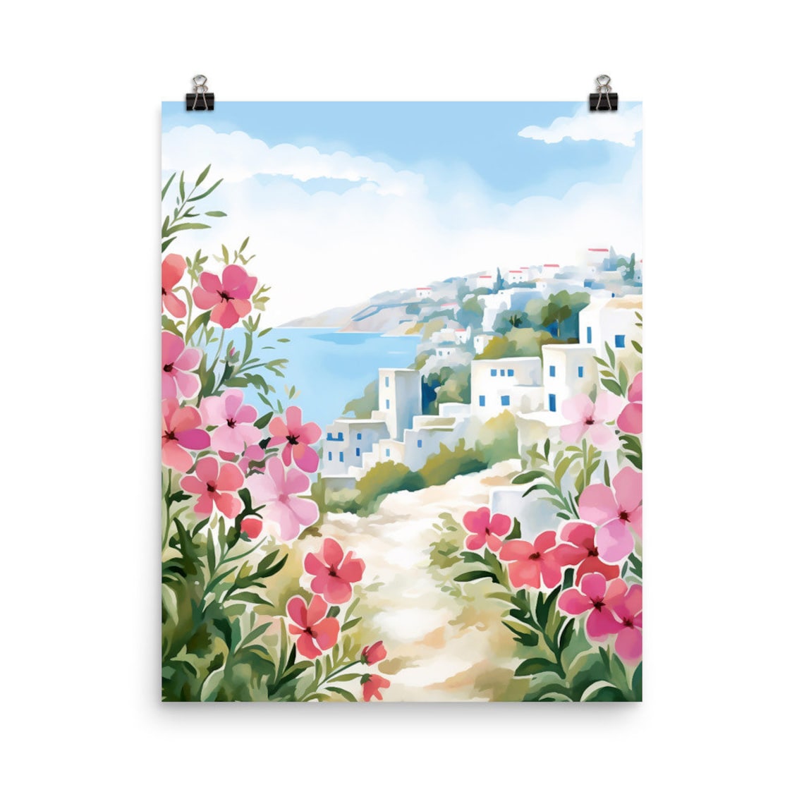 Sifnos Greek Village with Pink Flowers Coastal Watercolor Poster