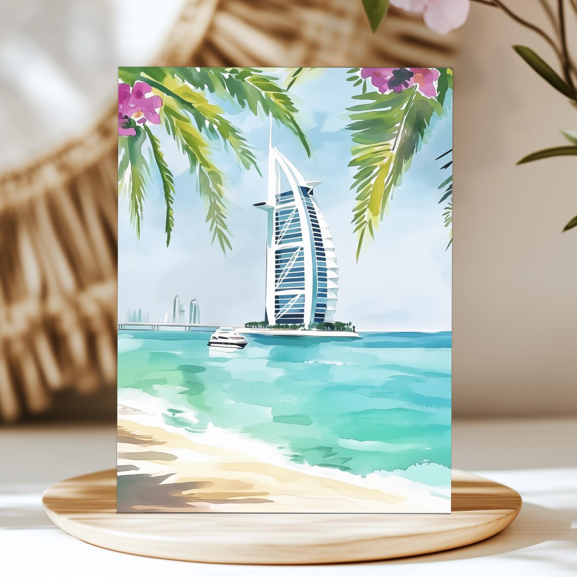 Burj Al Arab Dubai Watercolor Beach Palm Trees UAE Skyline Poster