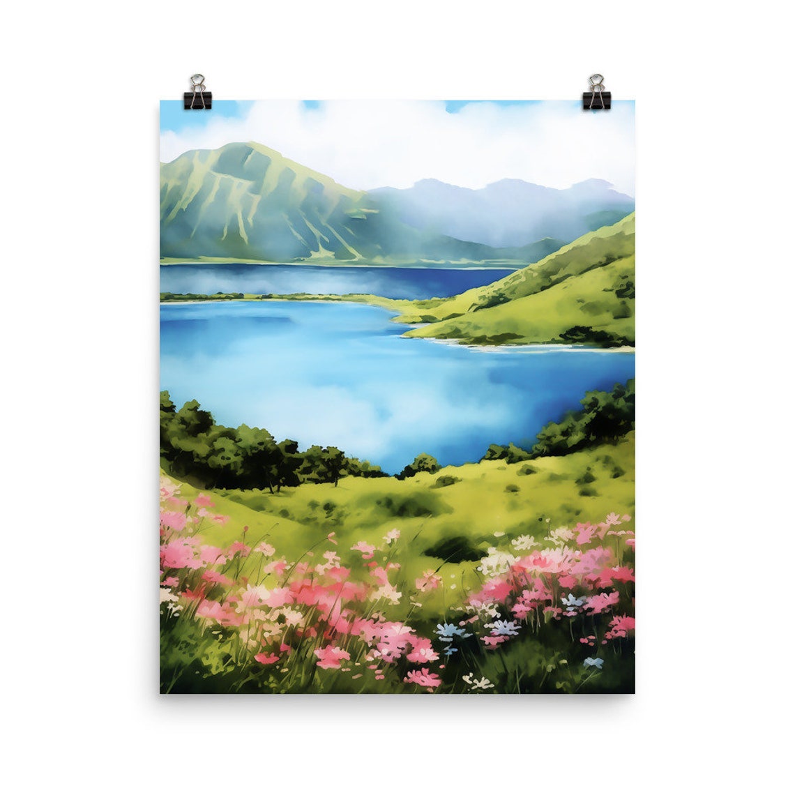 Azores Crater Lake Between Lush Green Peaks Watercolor Poster