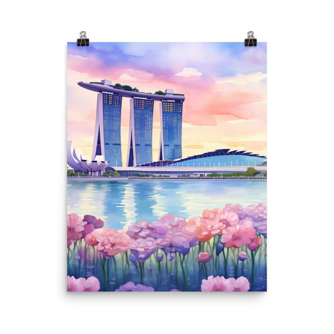 Marina Bay Sands Singapore Sunset Skyline Floral Watercolor Poster