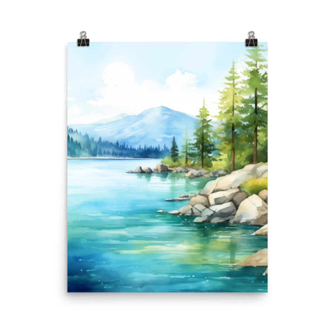 Lake Tahoe Sierra Nevada Shoreline Watercolor Landscape Poster