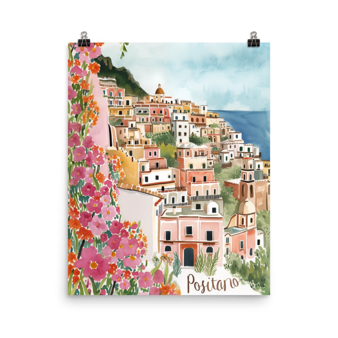 Positano Watercolor Travel Poster, Amalfi Coast