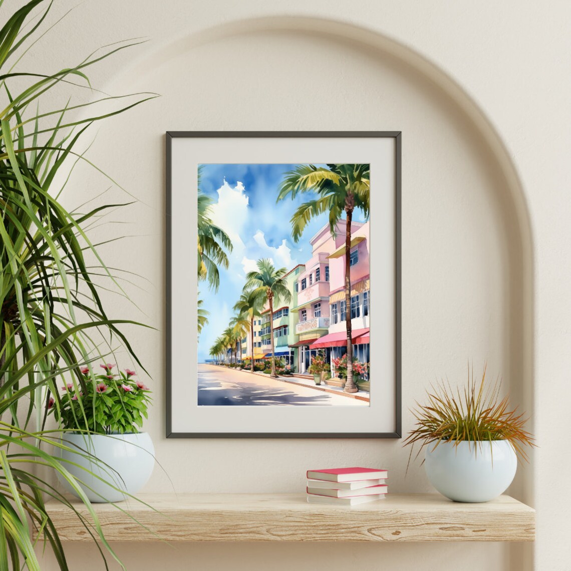 Ocean Drive Watercolor Travel Poster, Miami Cityscape - Image 3