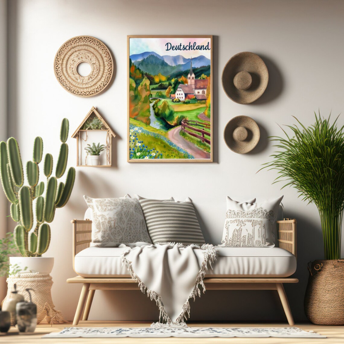 Deutschland Alpine Village Church by the River Watercolor Poster - Image 2