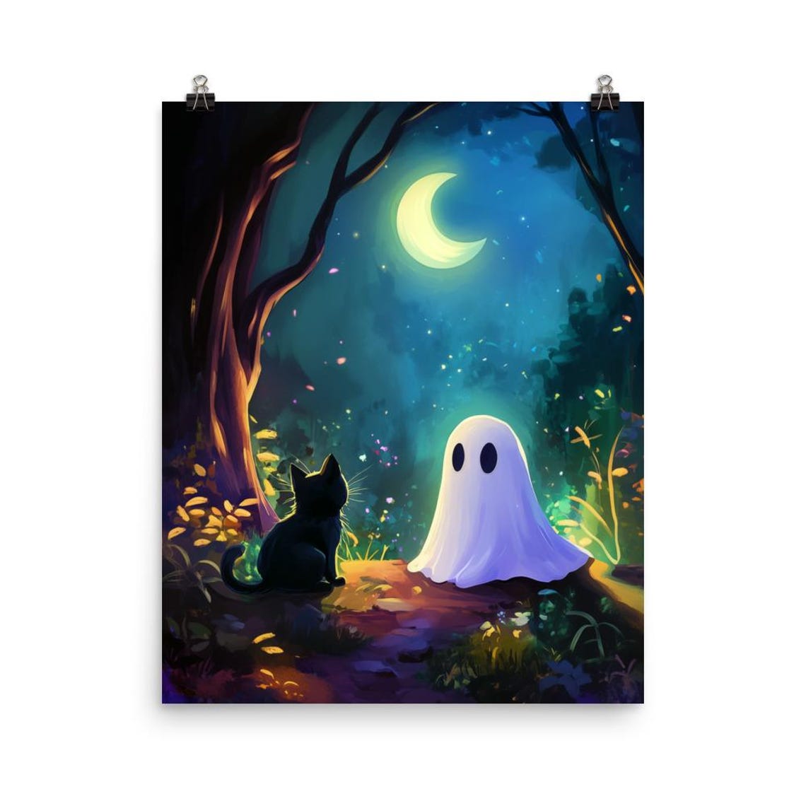 And Black Cat Print Ghostly Wall Art Enchanted Forest Artwork Halloween Home Decor Specter Phantom Spooky Gift Haunt