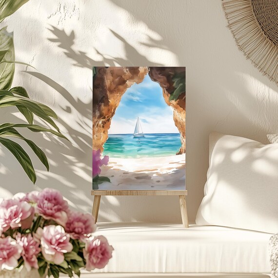 Cala Luna Sardinia Sea Arch Sailboat Coastal Watercolor Italy Poster