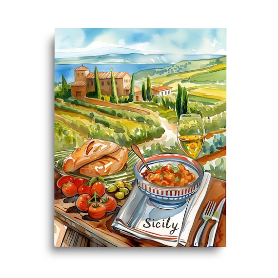 Sicily Kitchen Watercolor Print Caponata Wine Bread Village View
