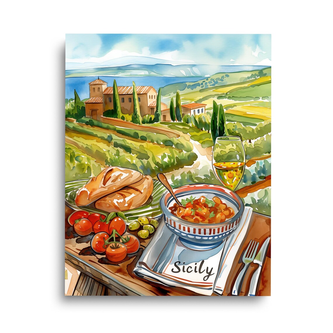 Sicily Kitchen Watercolor Print Caponata Wine Bread Village View