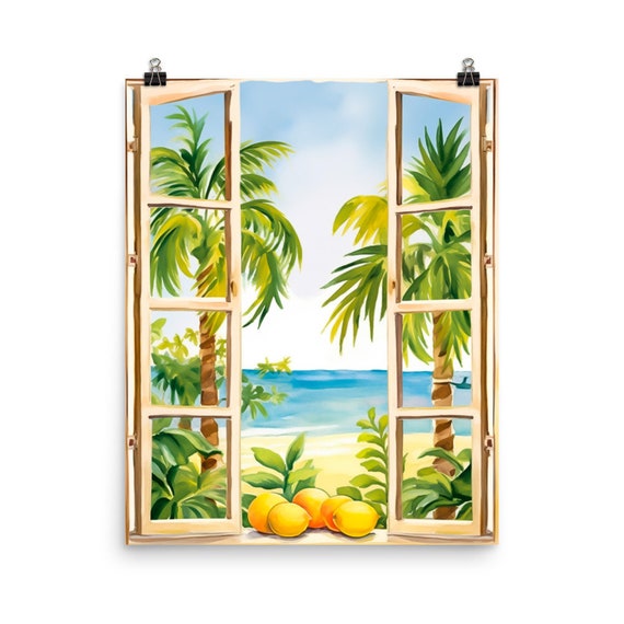 Mexico Lemons Watercolor Print Mexican Wall Art Lemon Poster Kitchen Decor Palm Tree Tropical Fruit Illustration Seaside Window