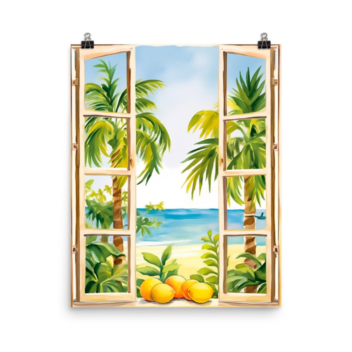 Mexico Lemons Watercolor Print Mexican Wall Art Lemon Poster Kitchen Decor Palm Tree Tropical Fruit Illustration Seaside Window