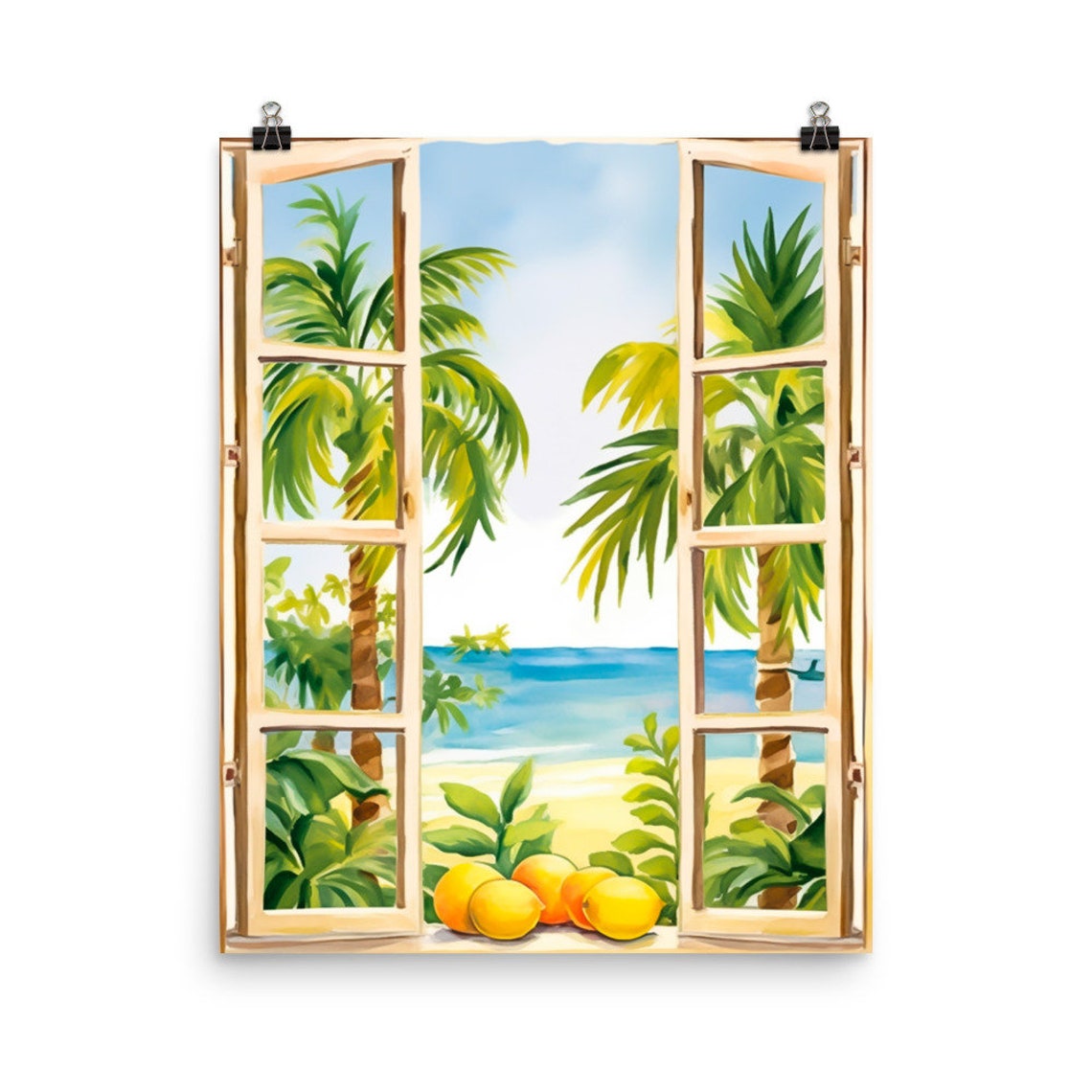 Tropical Beach Window Watercolor Poster Lemons Palms Seaside