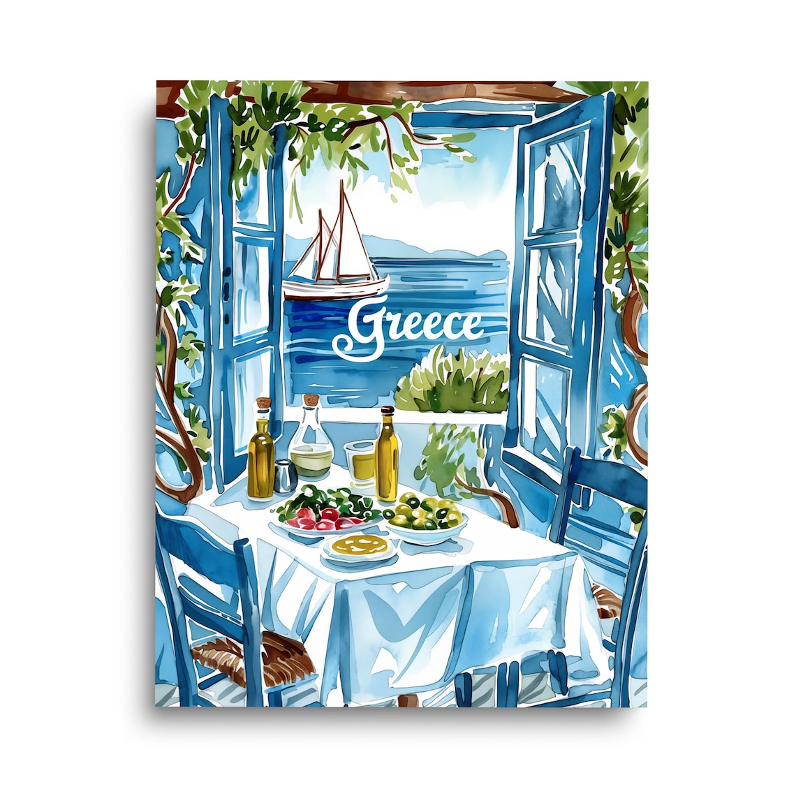 Greek Kitchen Watercolor Print, Mediterranean Travel Poster