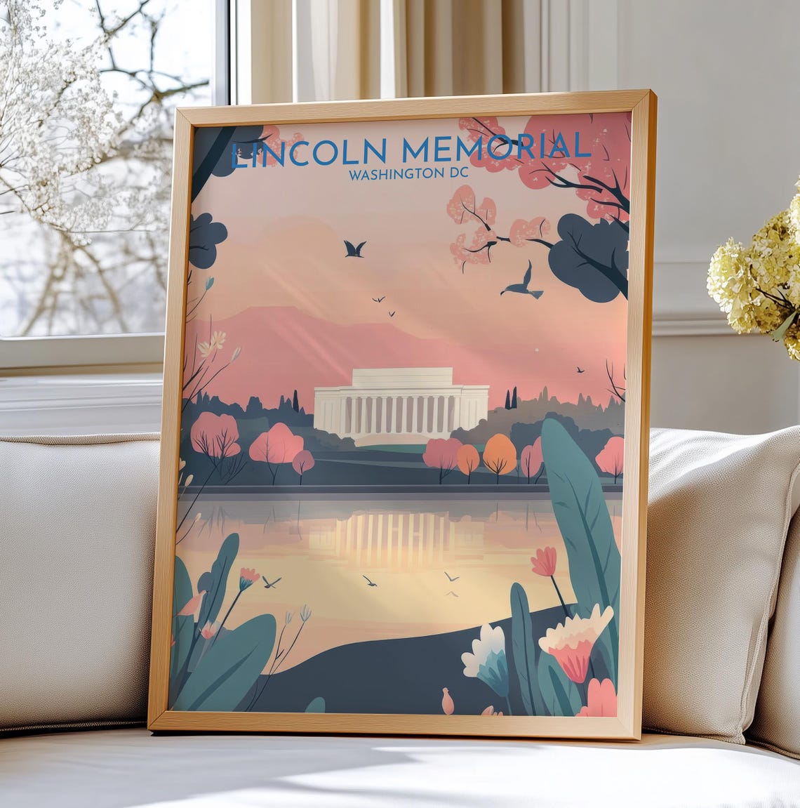 Lincoln Memorial Washington DC Cherry Blossom Travel Art Poster