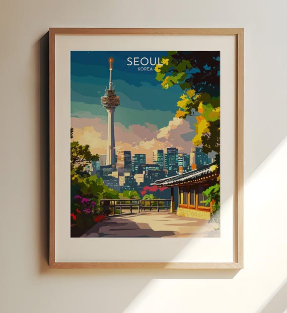 Seoul Korea Travel Print Art Namsan Tower And Traditional Korean House In Autumn