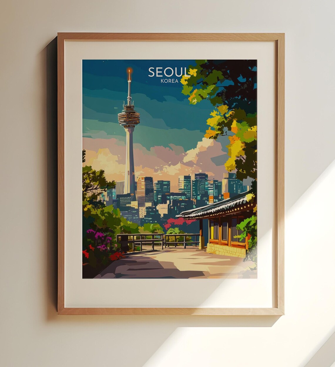 Seoul Korea N Seoul Tower City Skyline Vintage Travel Art Poster
