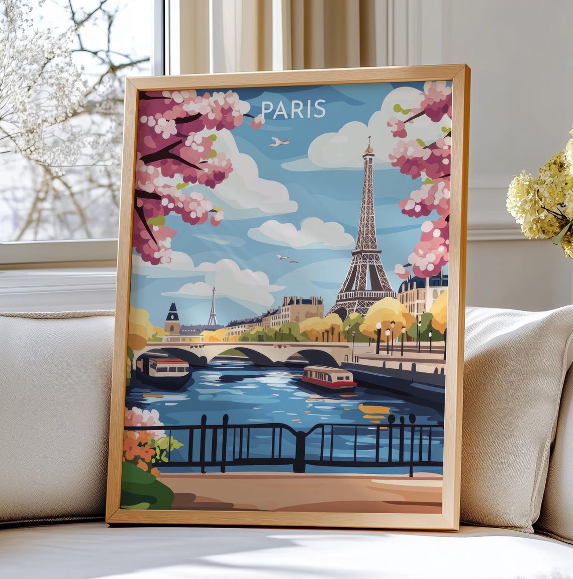 Paris Eiffel Tower Poster With Seine Bridge Boats And Blossom Trees