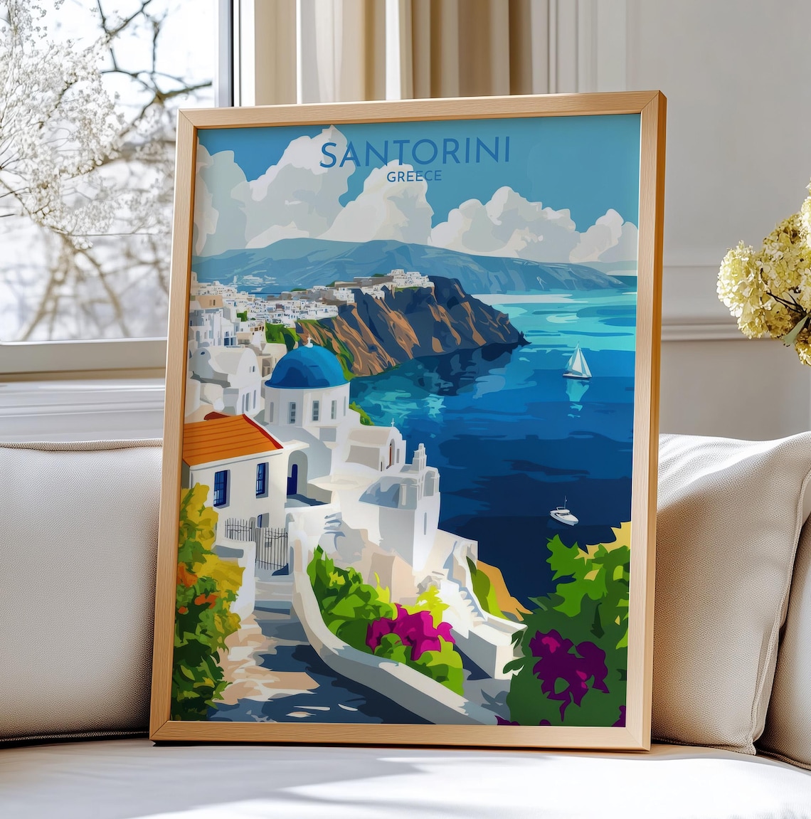 Santorini Greece Oia Blue Domes Village Scenic Travel Art Poster