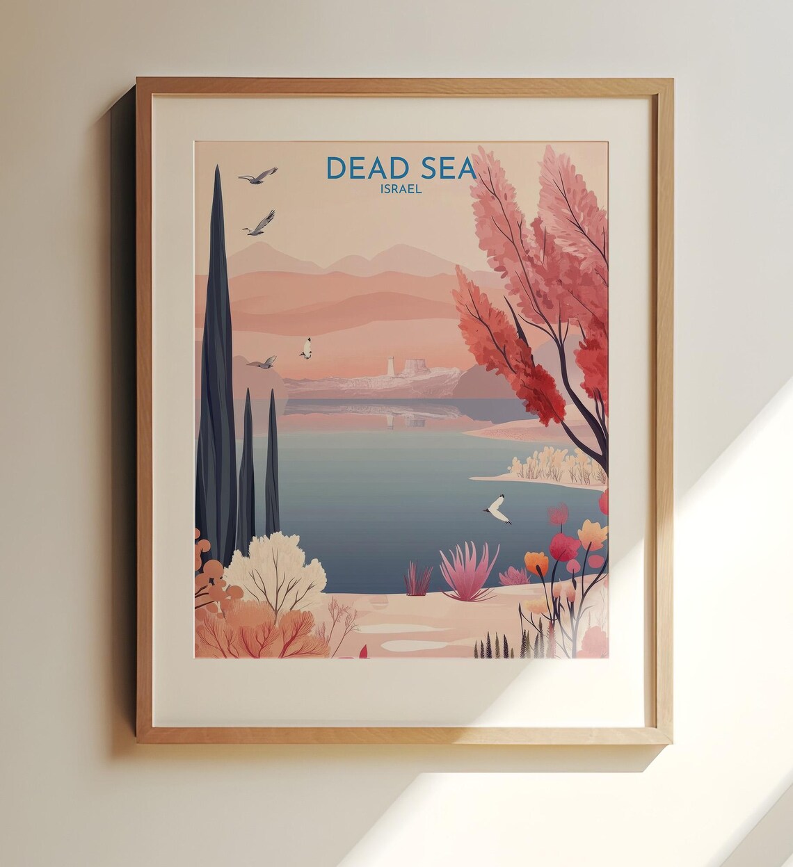 Dead Sea Israel Pink Shoreline Scenic Travel Illustration Art Print