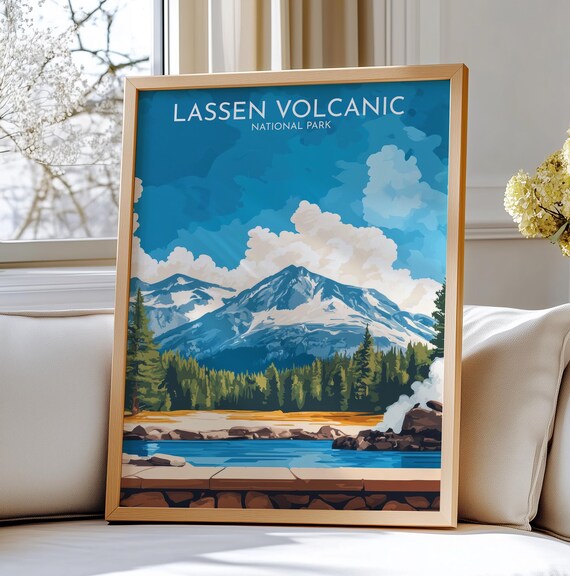Lassen Volcanic National Park Snowy Peak Lake Vintage Travel Poster