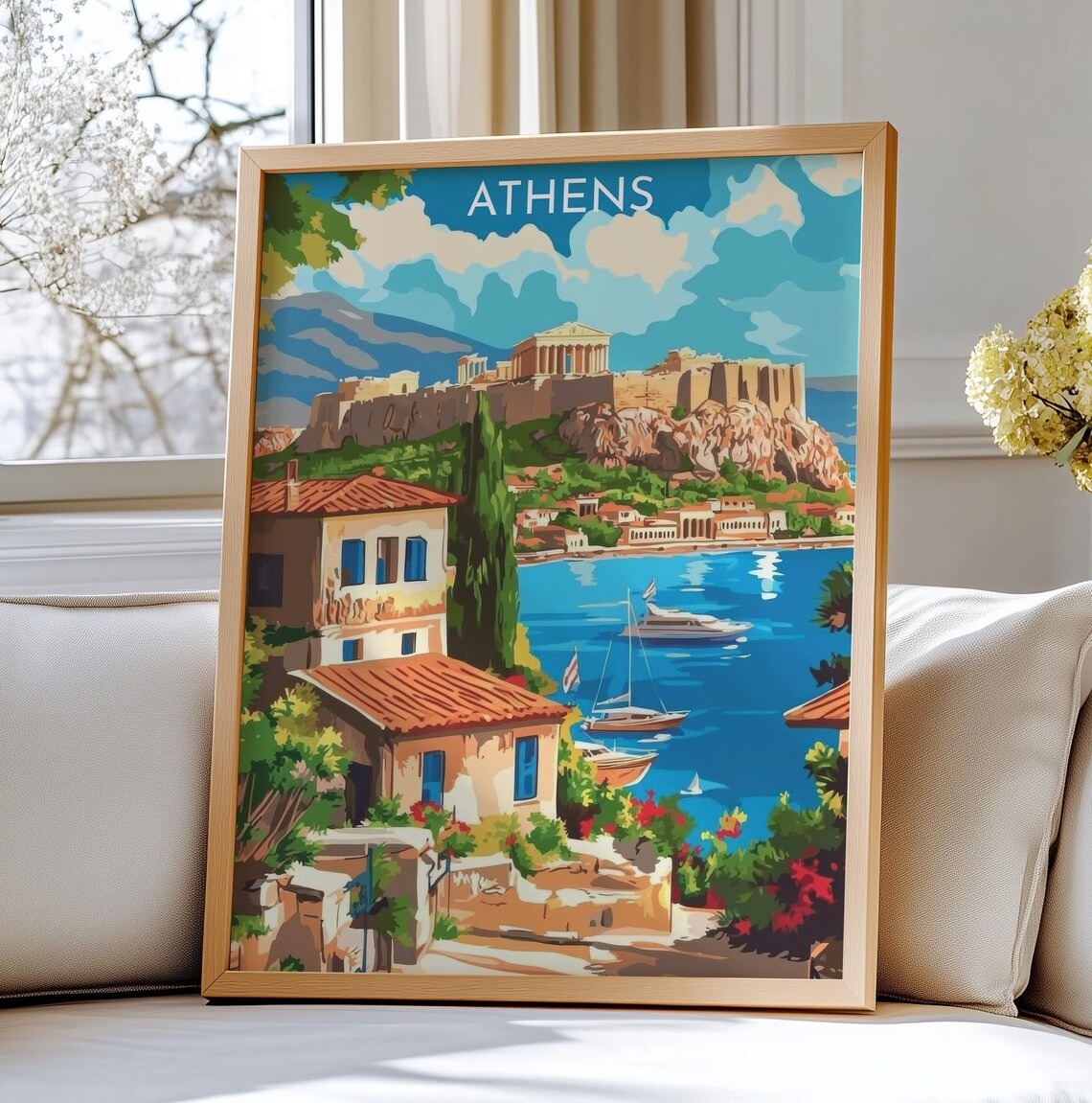Ancient Athens Greece Acropolis Harbor Sailboats Travel Poster
