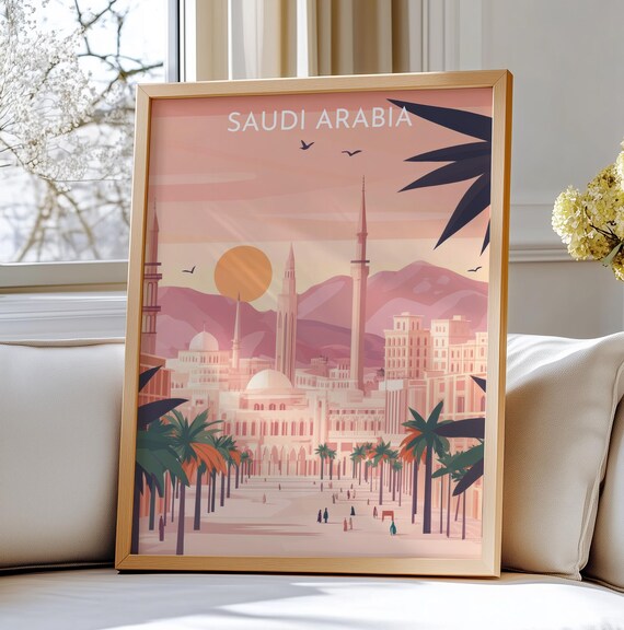 Saudi Arabia Art Poster Travel Sunset Cityscape With Palms And Minarets