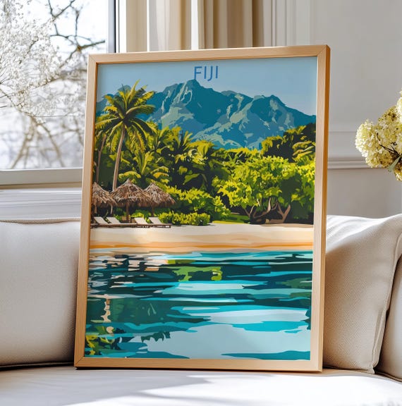 Fiji Island Travel Poster Art Tropical Beach And Mountain View