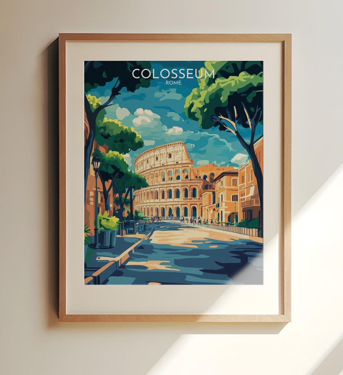 Colosseum Rome Italy Tree Lined Street Sunny Travel Art Poster