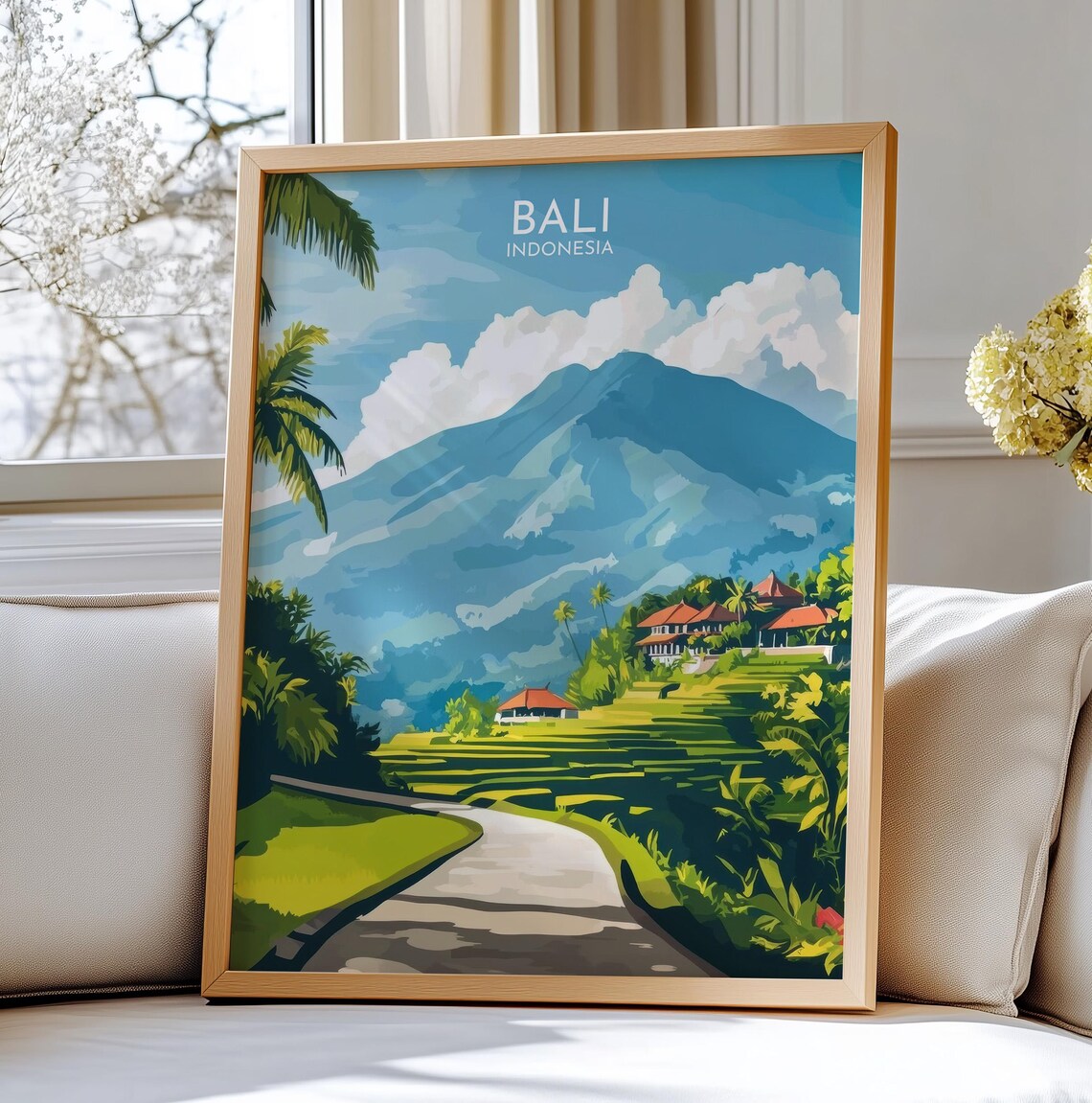 Bali Indonesia Rice Terrace Volcano Village Travel Art Poster
