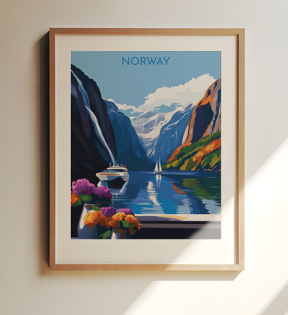 Norway Fjord Vintage Travel Poster Boats Waterfalls Snowy Peaks Art