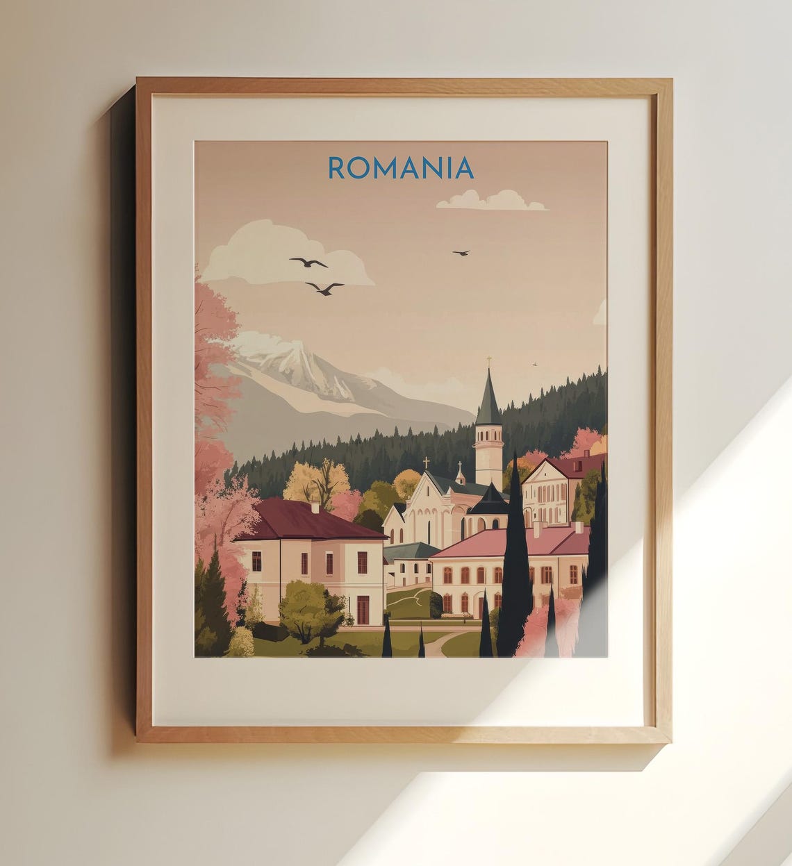 Romania Carpathian Mountain Village Church Retro Travel Poster