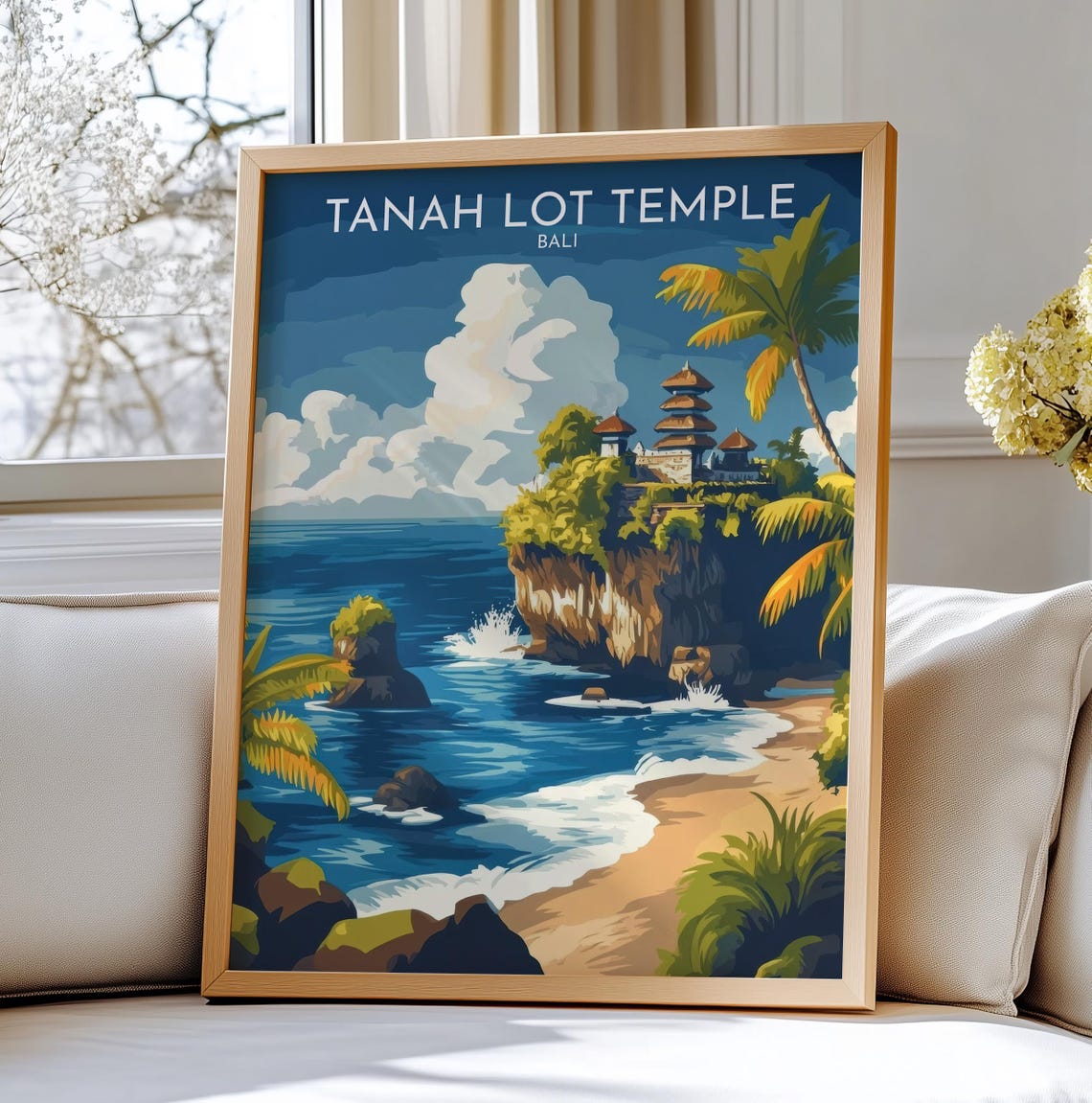 Tanah Lot Temple Bali Poster Sea Cliff Waves Palm Trees Sunset View