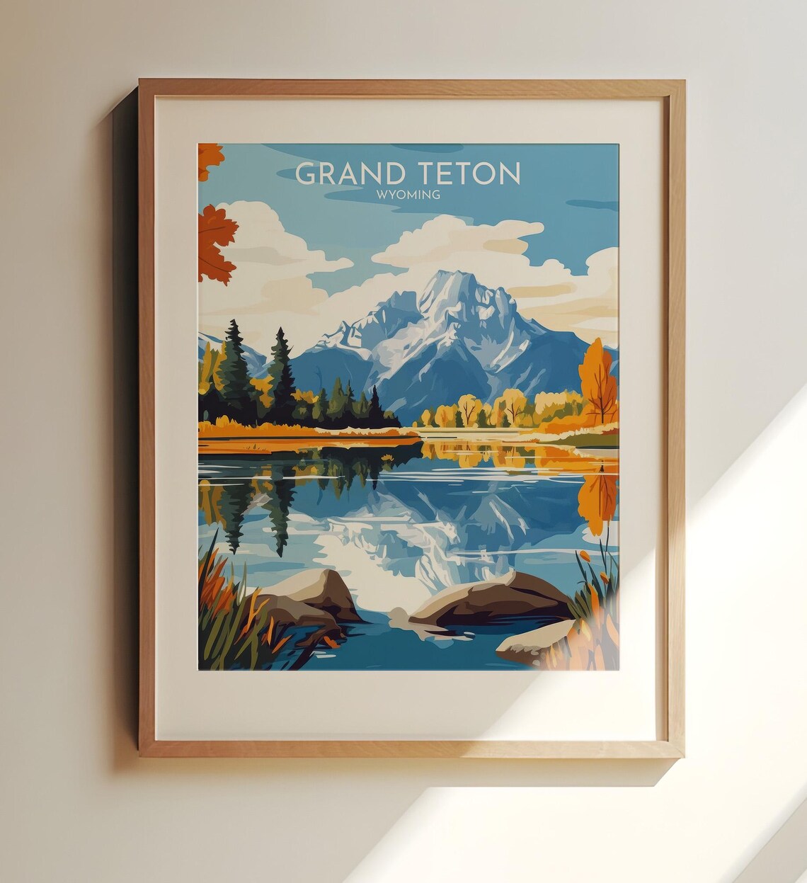 Grand Teton Wyoming Autumn Lake Reflection Vintage Travel Poster