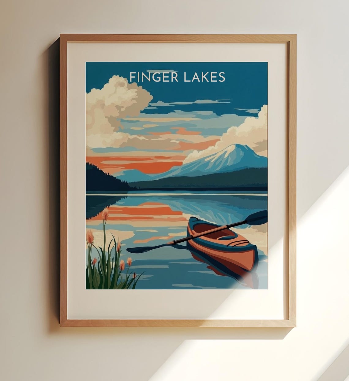 Finger Lakes Usa Art Poster Travel Print Serene Kayak Scene With Mountain View